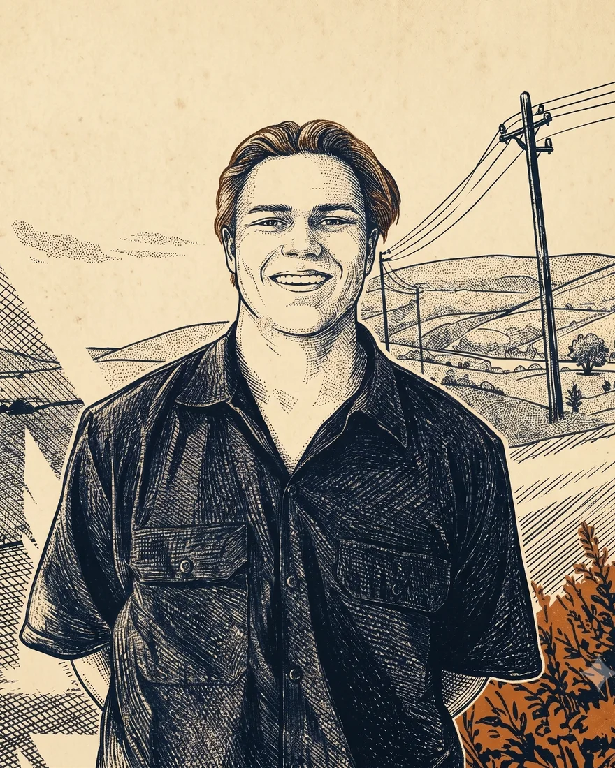 Engraved portrait of Oliver Ulvebne standing on a ridge above open farmland