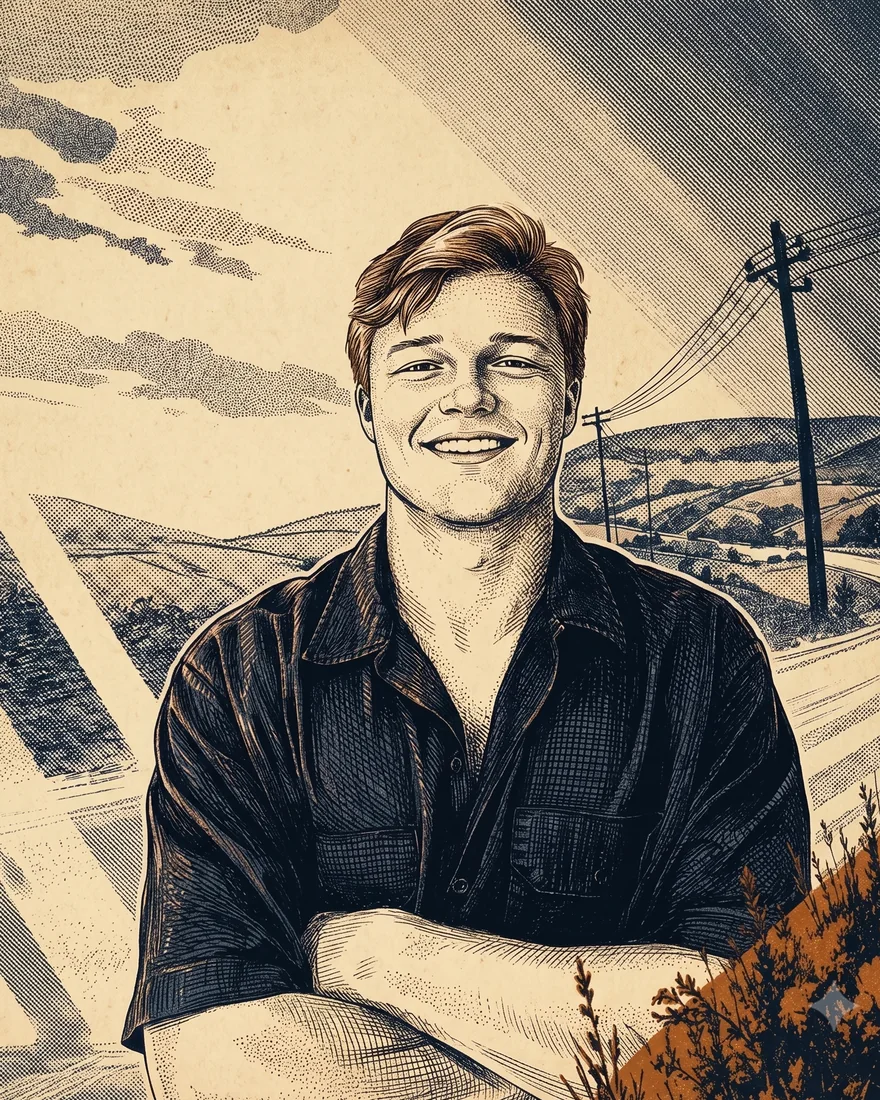 Engraved portrait of Rihards Klotins, arms folded, on a hillside above a winding road
